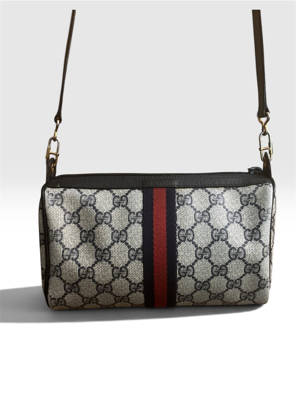 Gucci GG Sherry Line Canvas Crossbody with Blue  Leather Trim and Red Strip